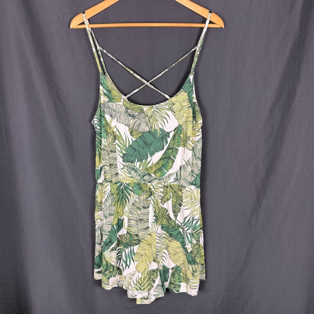 H&M Divided Green Tropical Palm Leaf Print Crisscross Back Romper Size L EUC